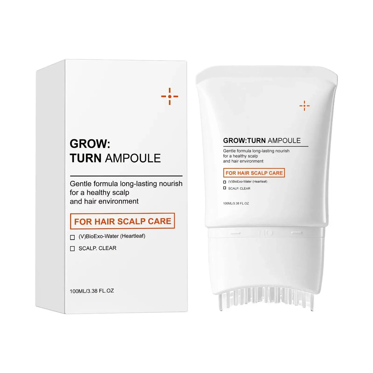 White tube of grow: turn hair nourishing serum with built-in massage comb for scalp care and healthy hair strands