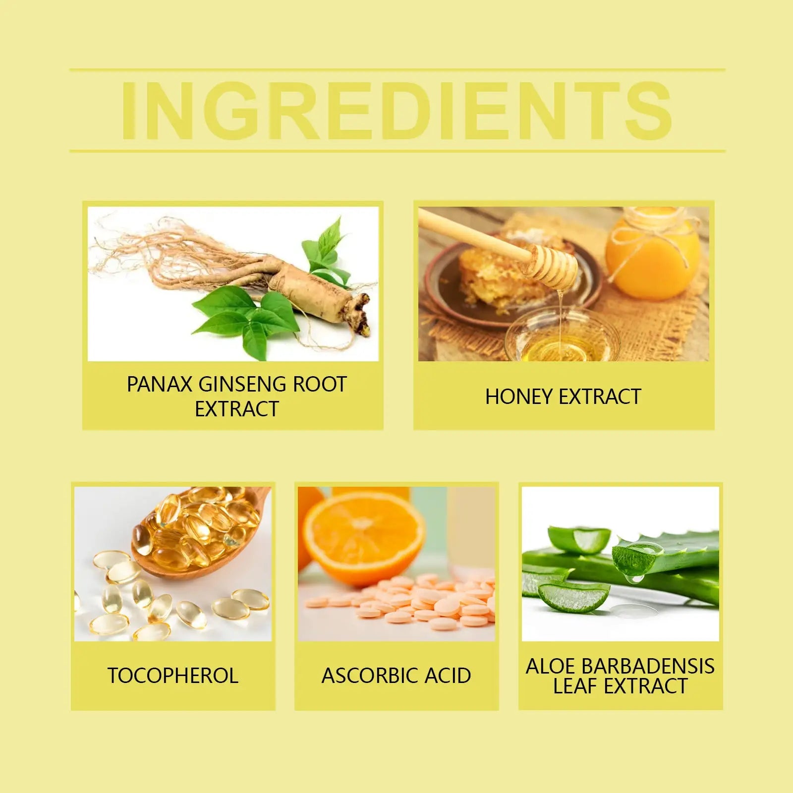 The back side of hair oil capsules with ginseng and honey extract showing five natural skincare ingredients listed