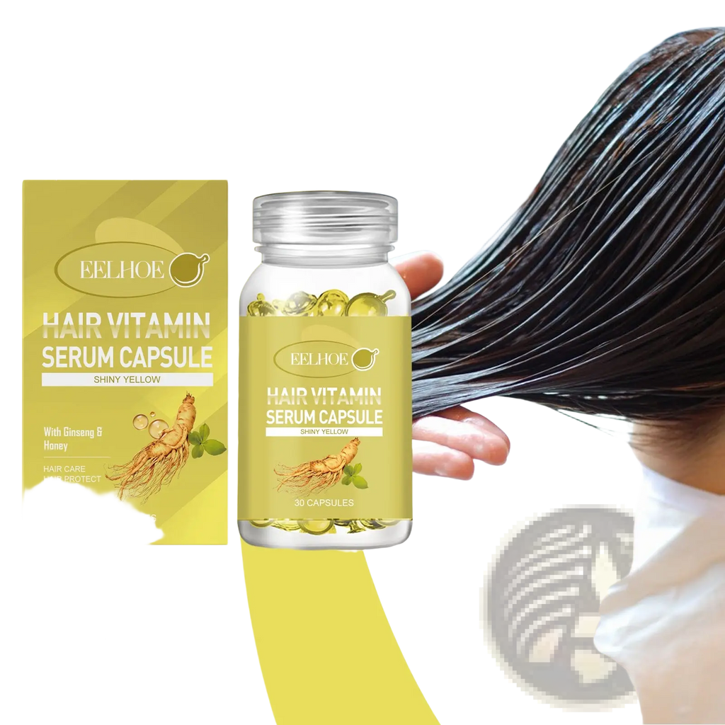 A clear glass bottle with silver cap and golden hair vitamin serum capsules with ginseng and honey extract packaging