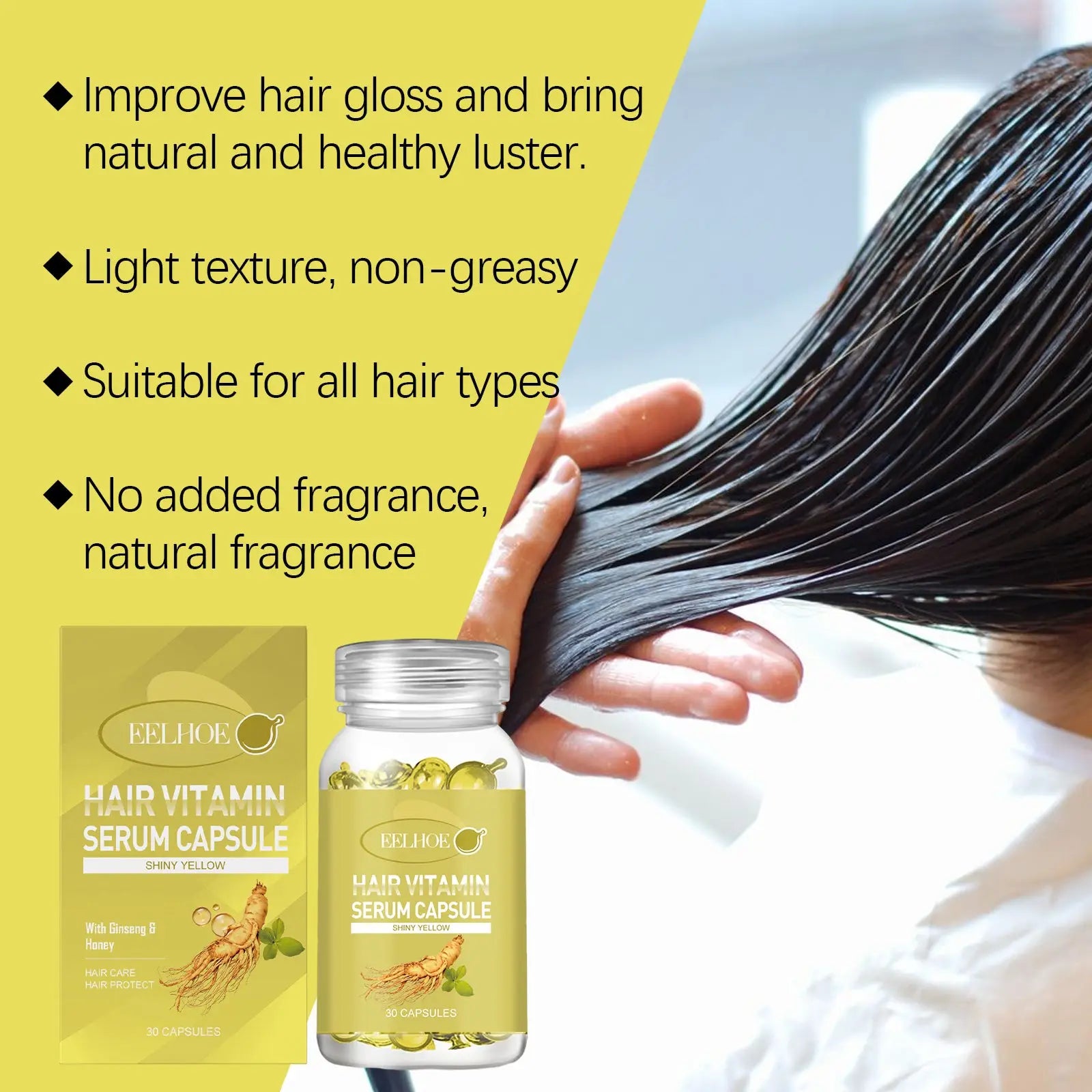A clear glass bottle of feihoe hair oil capsules with ginseng and honey extract yellow label and silver cap