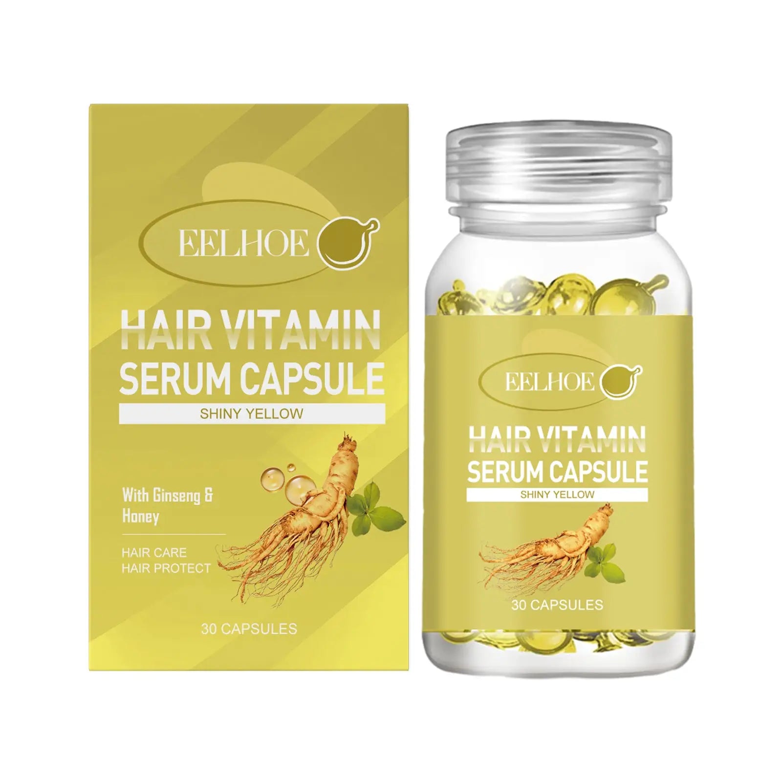 Shiny yellow hair oil capsules in a clear glass bottle with gold packaging featuring ginseng and honey extract design