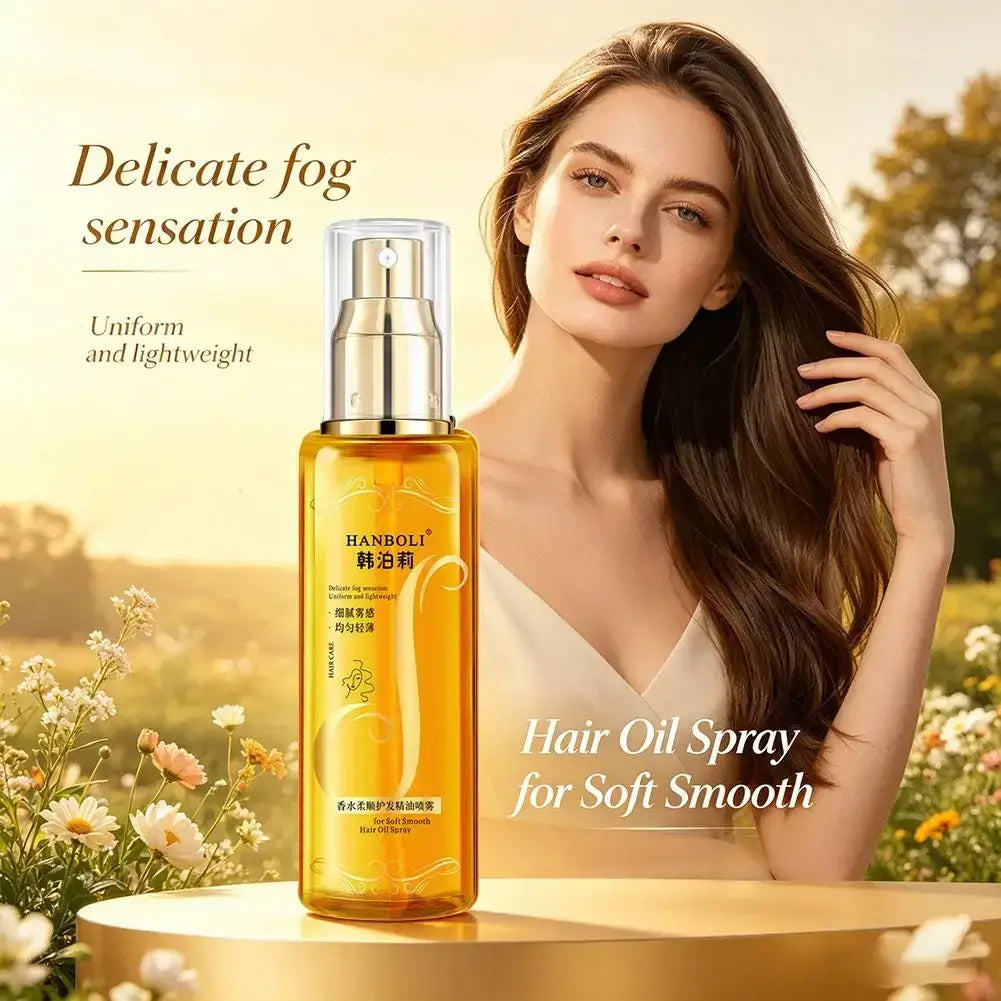 A golden transparent glass bottle of hanboli hair oil spray with silver pump for frizz control and hydration