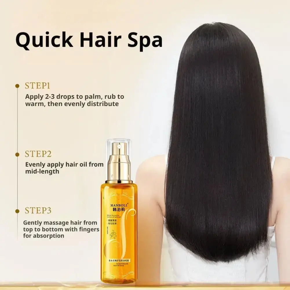 A sleek amber hair oil spray bottle with a gold nozzle by hanboli beside long glossy black hair for frizz control