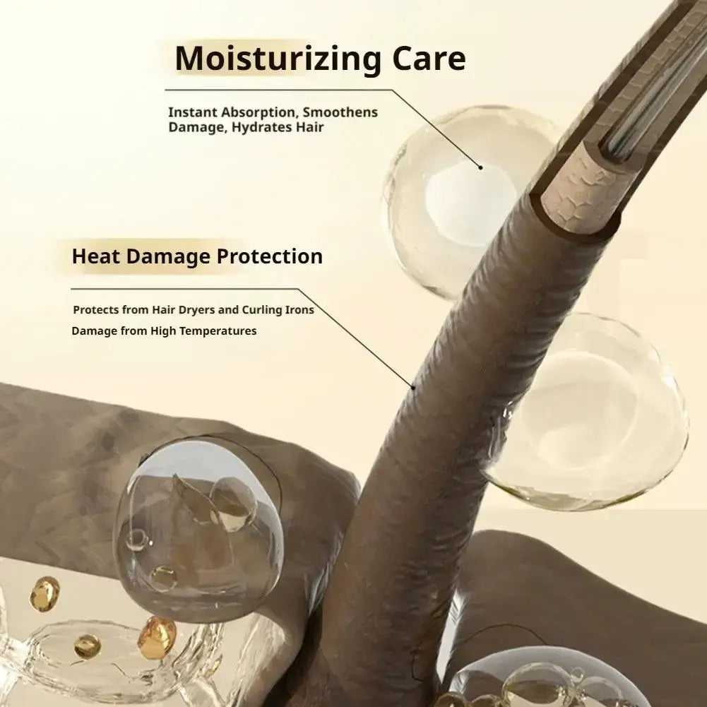 A sleek dark brown hair oil spray bottle with textured cap and clear glass dropper for frizz control and hydration