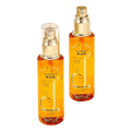 Two transparent glass bottles of amber hair oil spray with gold spray nozzles for frizz control and hydration