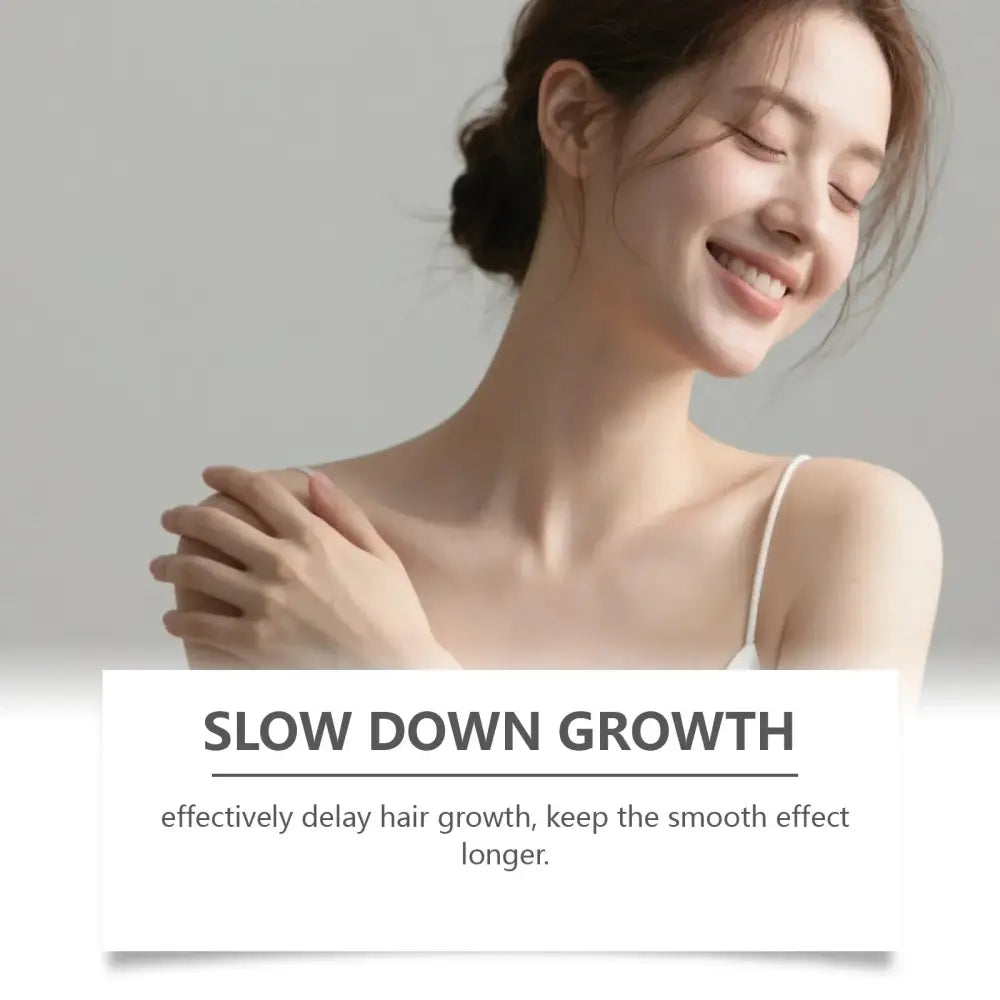 A woman with dark hair in a bun wearing a white top promoting Cyperus Citrus post hair removal soothing oil for sensitive skin