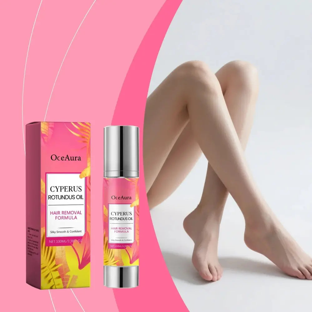 Pink and yellow floral packaged Cyperus Citrus post hair removal soothing oil in a sleek silver-topped bottle for sensitive skin