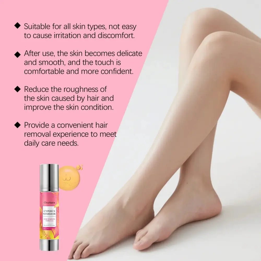 A sleek silver-topped bottle of Oceahara cyperus citrus post hair removal soothing oil with a vibrant pink yellow floral label