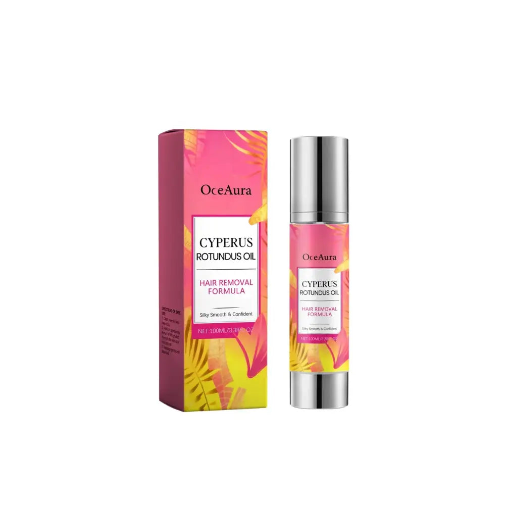 Pink and yellow tropical leaf patterned box with matching bottle of oceaura cyperus rotundus oil for sensitive skin hair removal