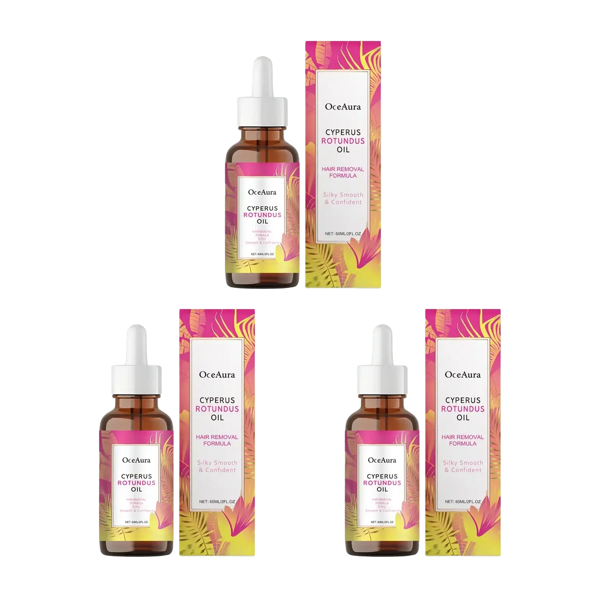 Brown glass dropper bottles with white caps and tropical leaf labels containing hair removal essential oil for moisturizing care stored in a cool dry place