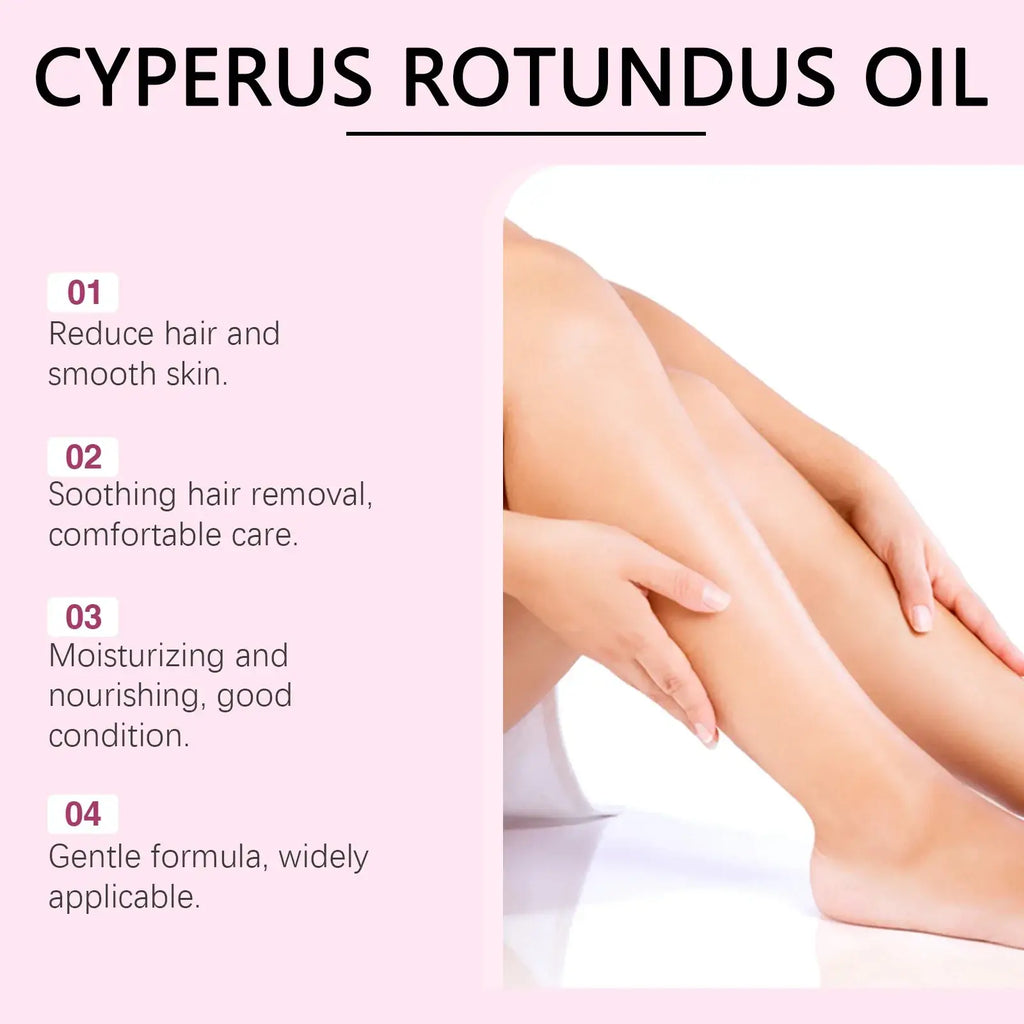 Clear bottle of cyperus rotundus essential oil with white cap for hair removal moisturizing care store in a cool dry place