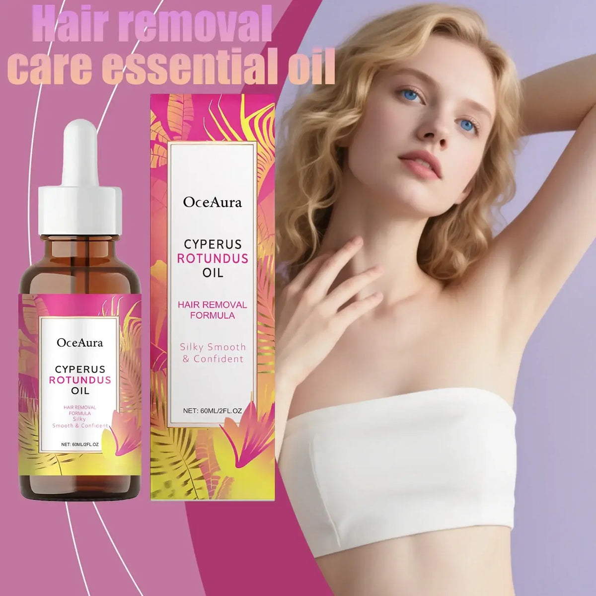 Oceaura cyperus rotundus hair removal essential oil in brown glass dropper bottle with tropical leaf label for moisturizing care stored in a cool dry place