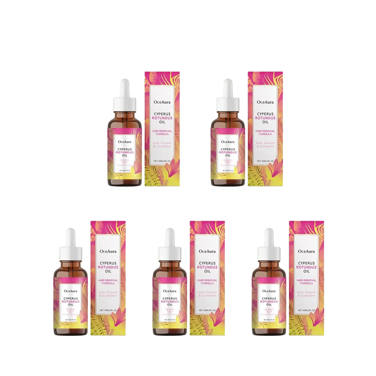 Oceaura cyperus rotundus hair removal essential oil in amber glass bottles with white droppers and floral packaging for moisturizing care stored in a cool dry place
