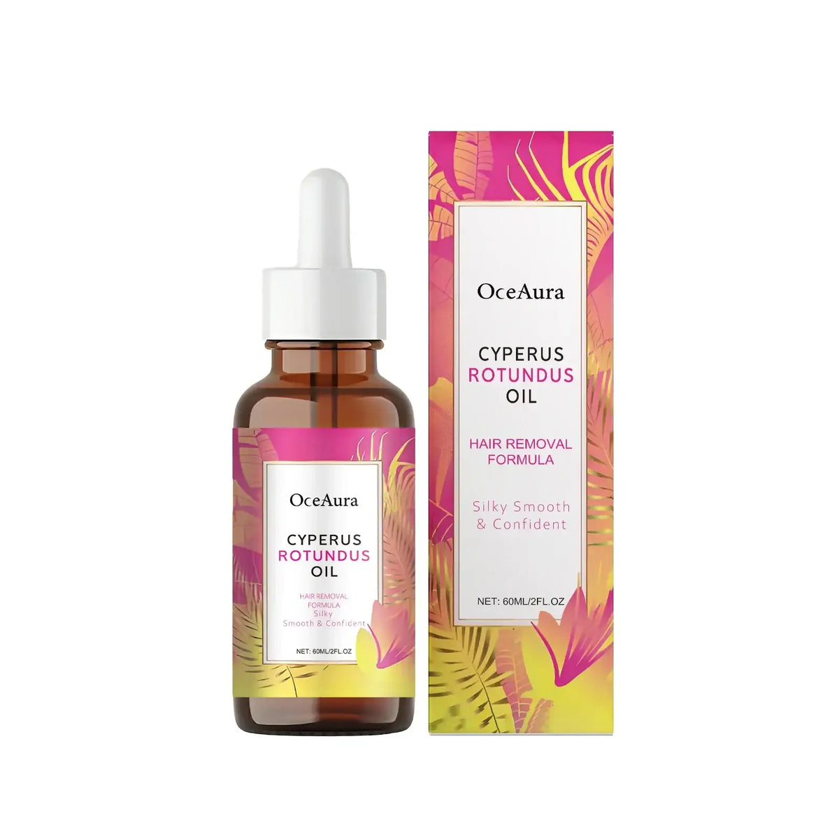 Oceaura cyperus rotundus hair removal essential oil 60ml in brown glass bottle with tropical leaf label for moisturizing care stored in a cool dry place