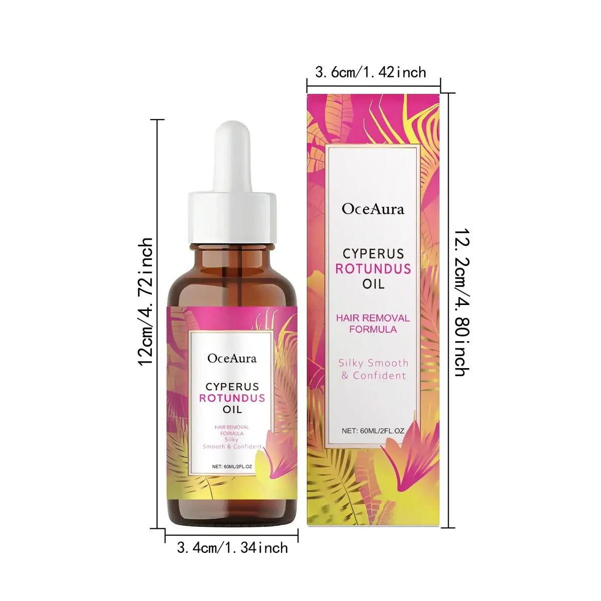 Oceaura cyperus rotundus hair removal essential oil in a brown glass dropper bottle with tropical label and matching box