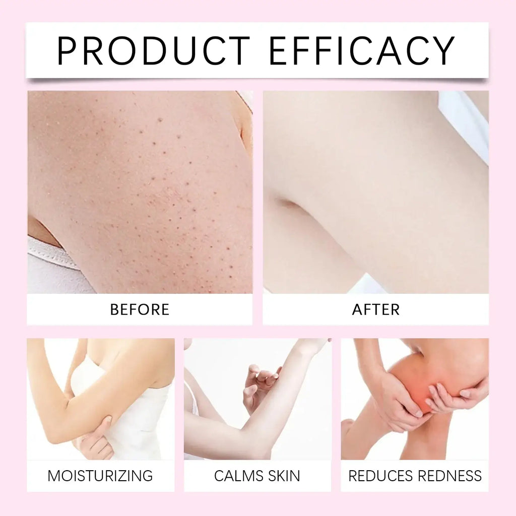 Pink background showing before and after skin care results of hair removal essential oil moisturizing care 60ml stored in a cool dry place