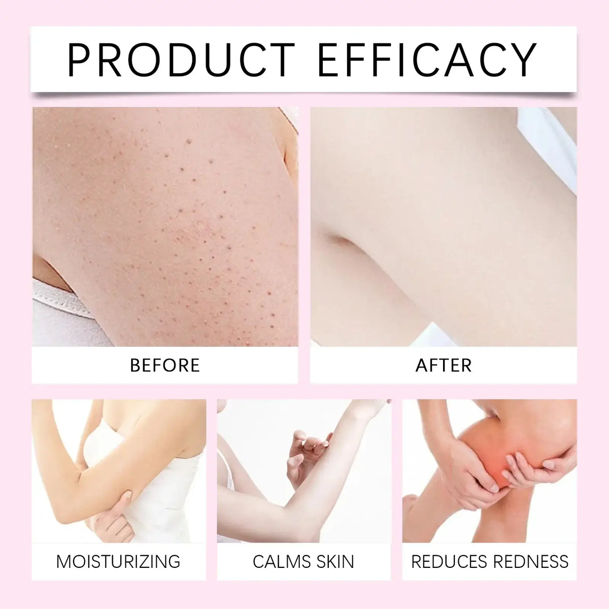 Pink background showing before and after skin care results of hair removal essential oil moisturizing care 60ml stored in a cool dry place