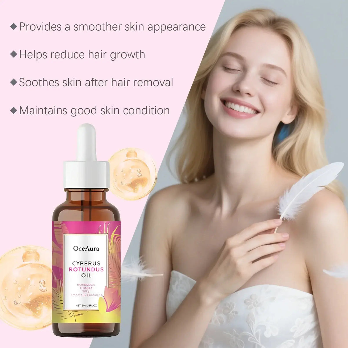 A sleek amber glass bottle of oceaura cyperus rotundus essential oil for hair removal with a floral label for moisturizing care stored in a cool dry place