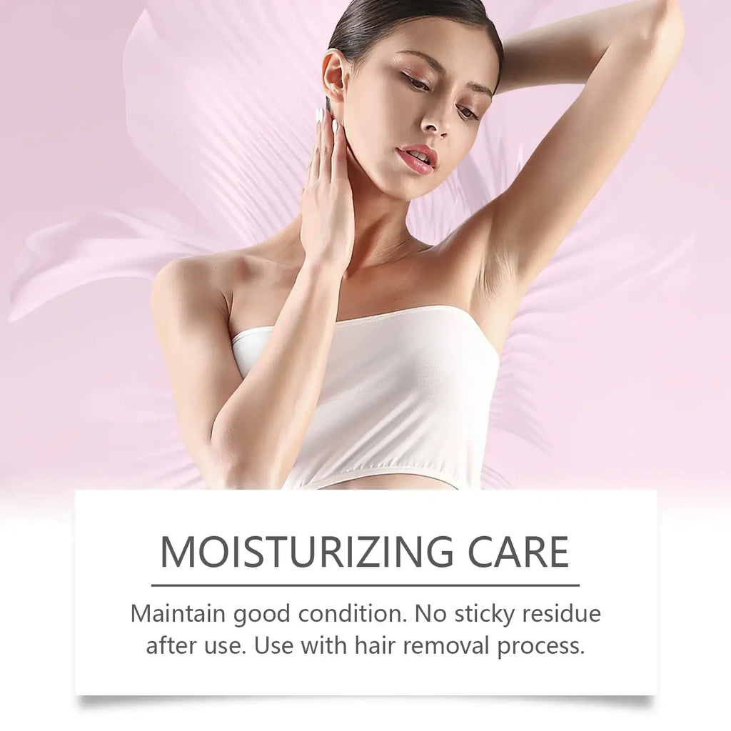 A woman wearing a white strapless top holding hair removal essential oil moisturizing care 60ml for cool dry place storage