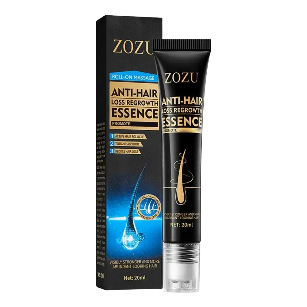 Black Zozu hair serum for damaged hair growth and repair in a sleek tube with gold lettering and matching box