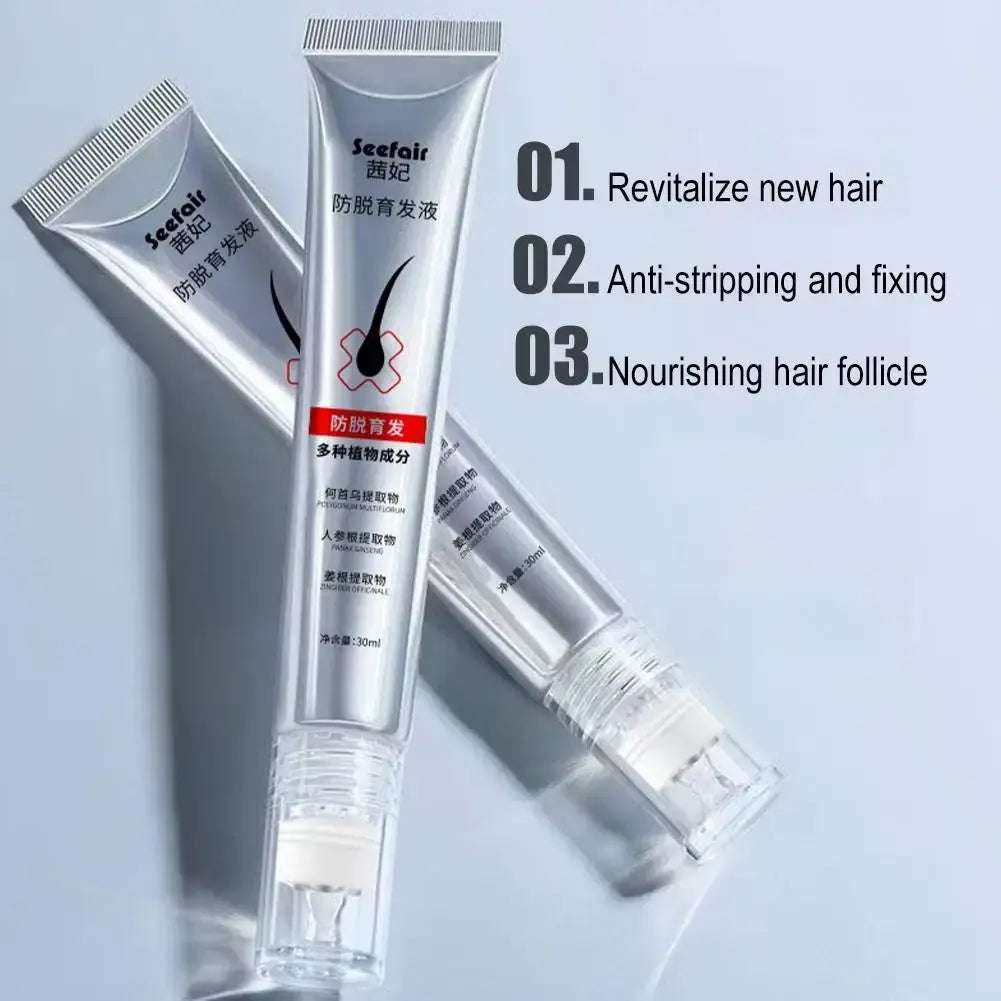 Silver tube of seefair hair serum for damaged hair growth and repair with clear cap and ingredient label visible