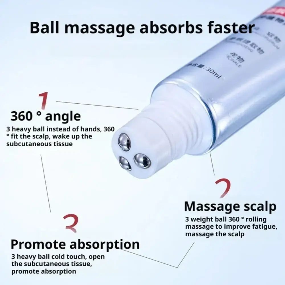 A sleek transparent hair serum tube with white cap and metallic spheres for damaged hair growth and repair scalp massage