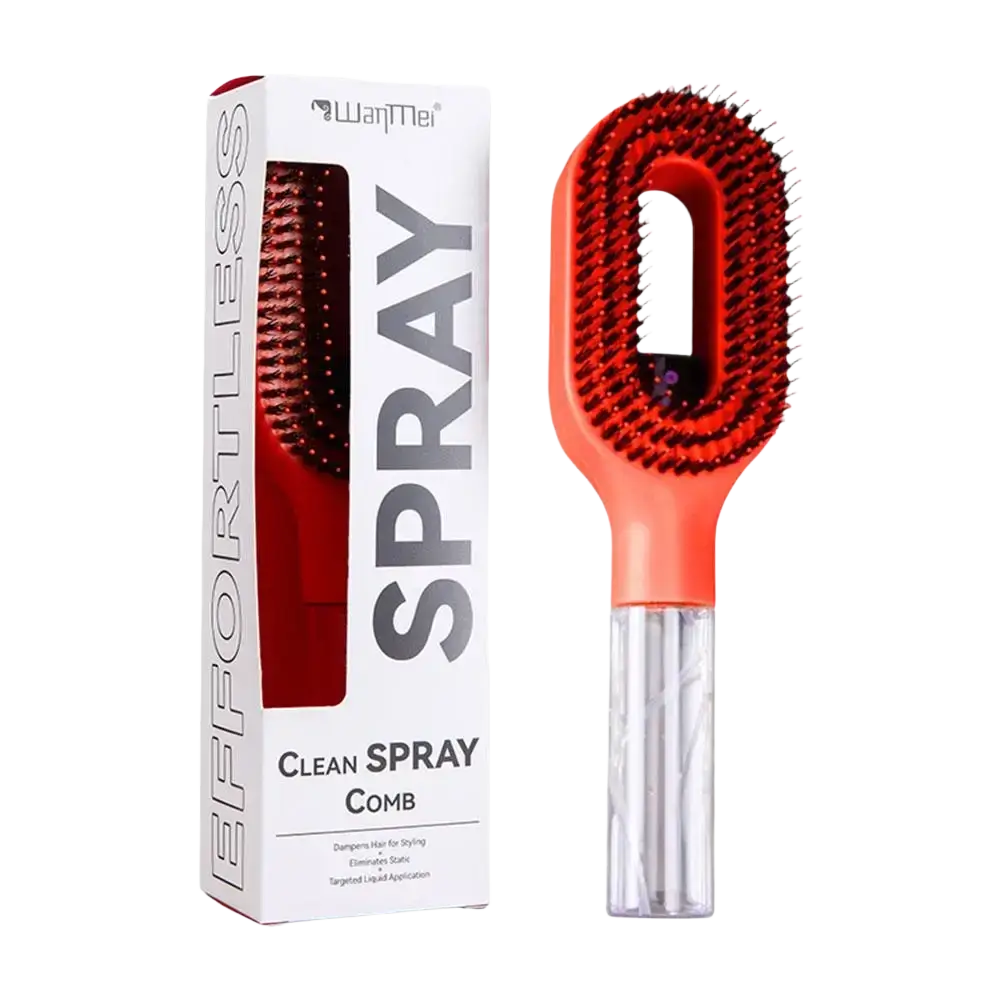 Orange and clear plastic hair-smoothing spray comb with red bristles for portable hair styling and easy use