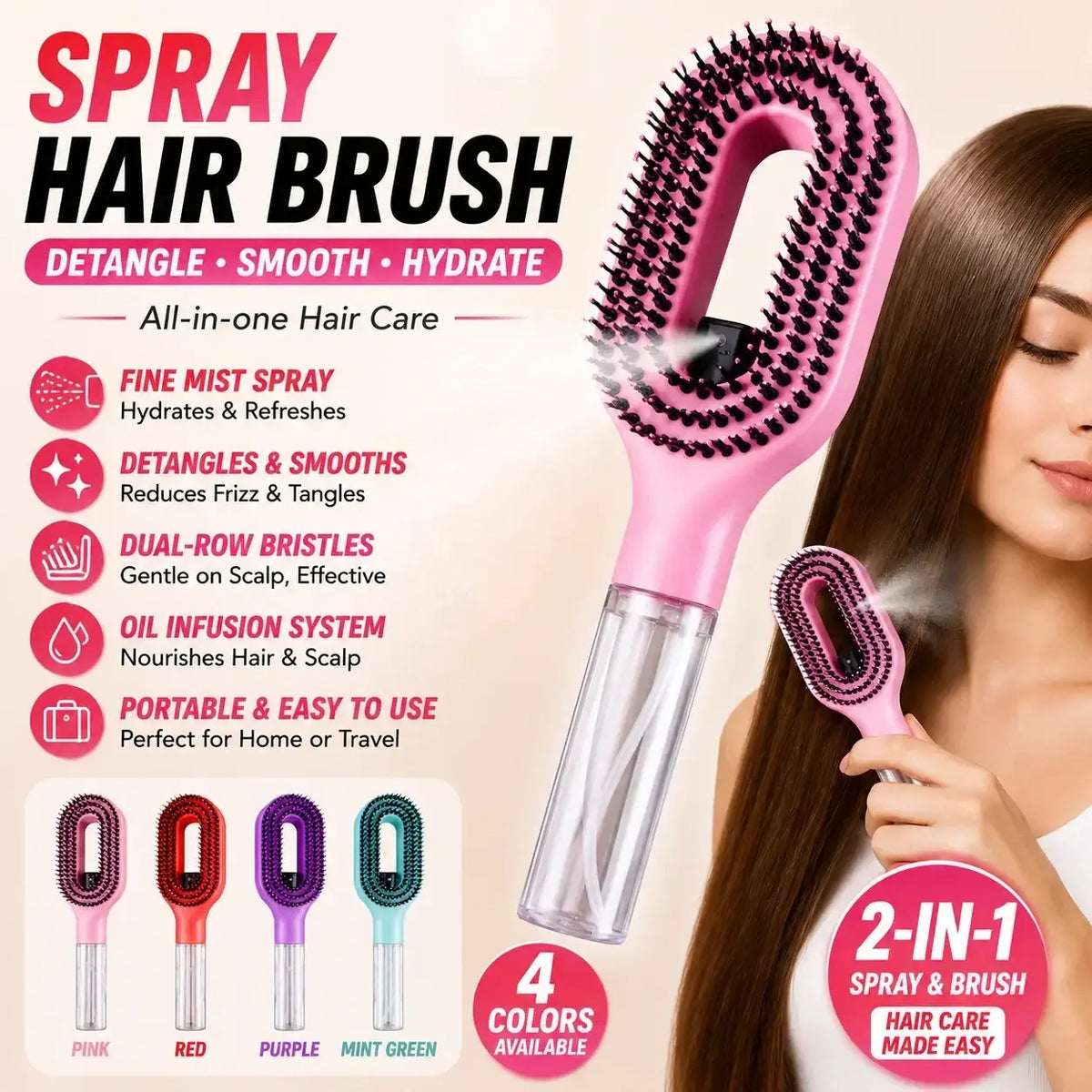 Pink hair-smoothing spray comb with black bristles and clear mist reservoir for portable hair styling