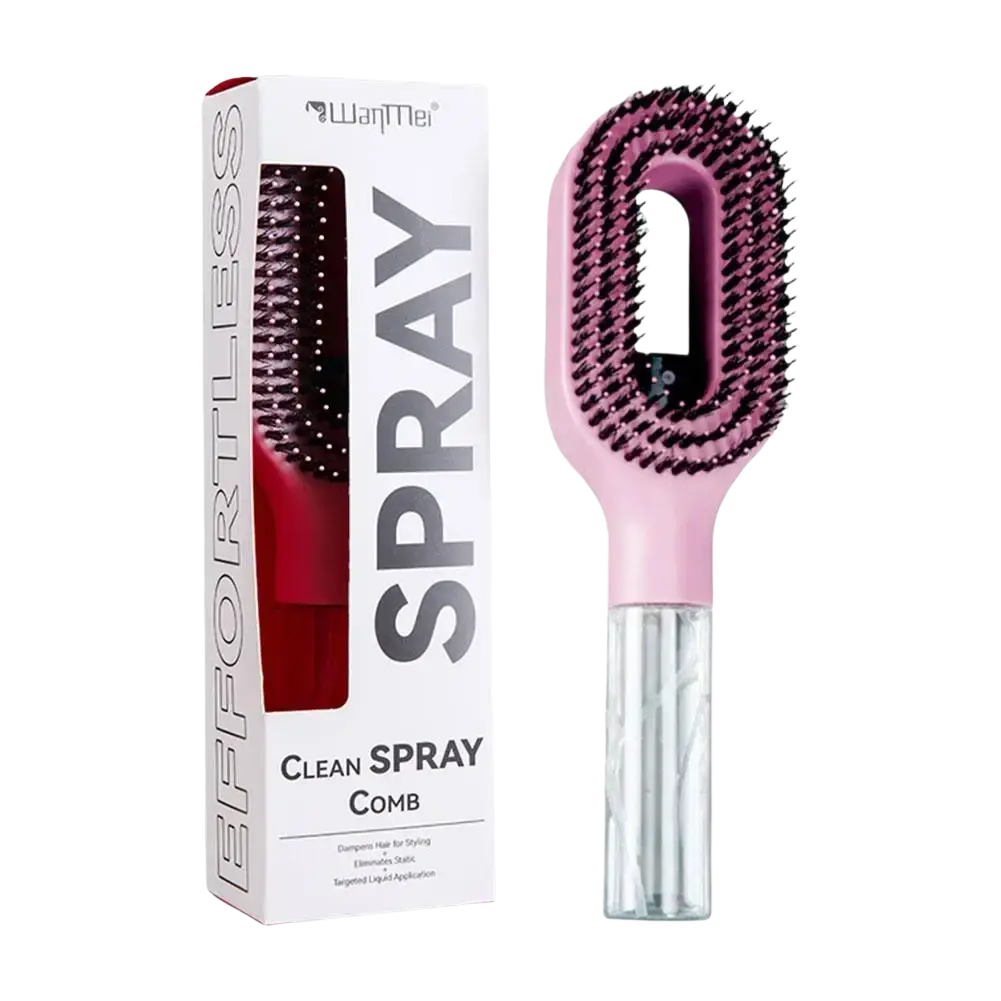 Pink and black hair-smoothing spray comb with clear liquid reservoir for portable hair styling and easy use