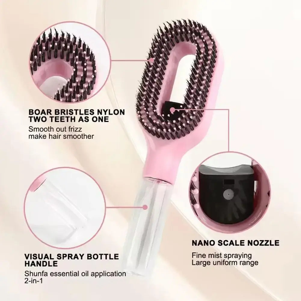 Pink boar bristle and nylon hair-smoothing spray comb with integrated clear bottle for portable hair styling