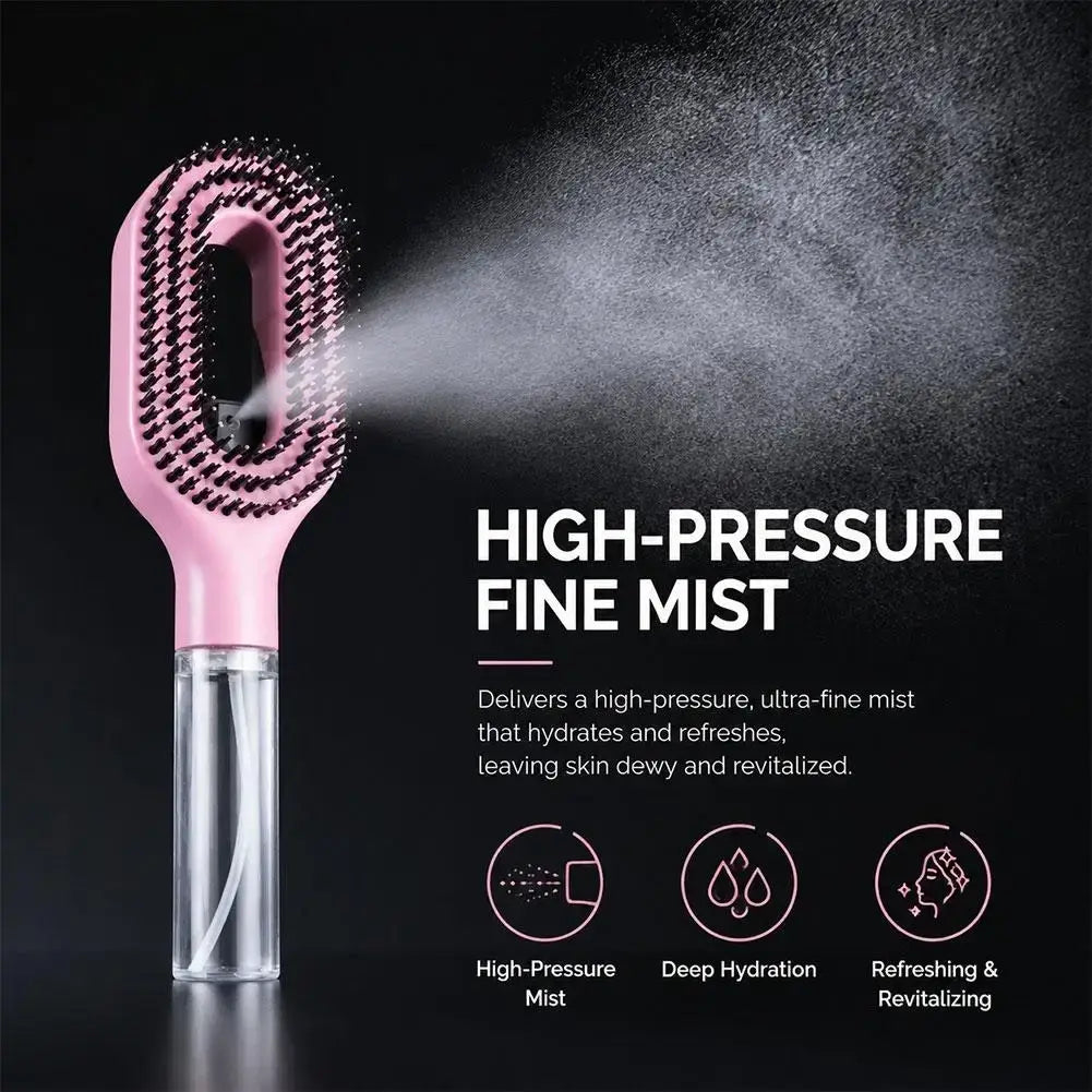 Pink handheld hair-smoothing spray comb with black bristles and clear water reservoir for portable hair styling
