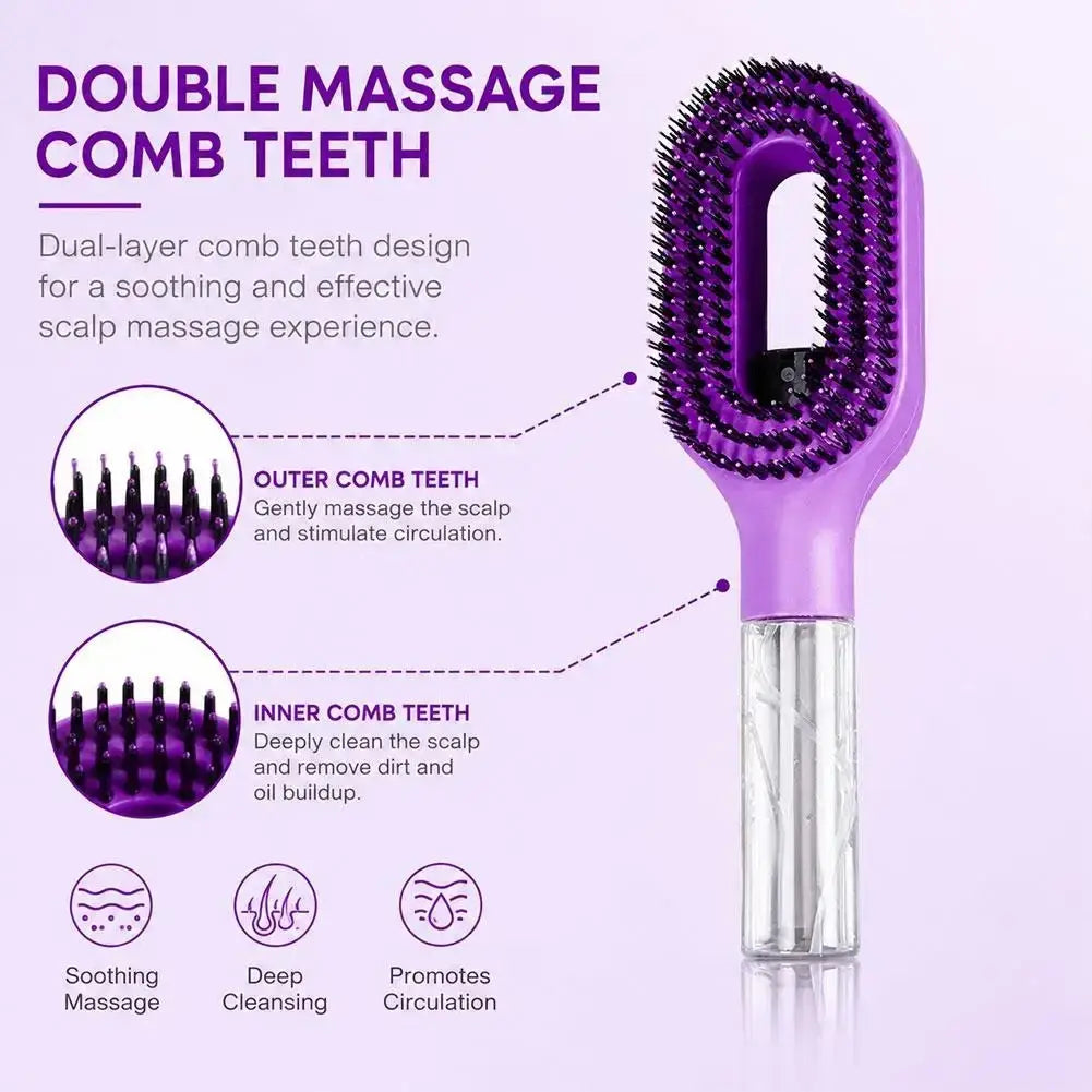 Purple double massage hair-smoothing spray comb with black bristles and clear plastic handle for portable hair styling
