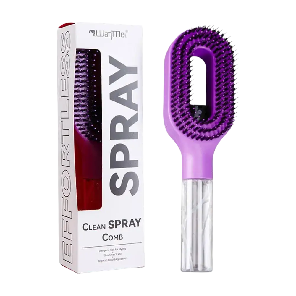 Purple plastic hair-smoothing spray comb with integrated nozzle and bristles for portable hair styling