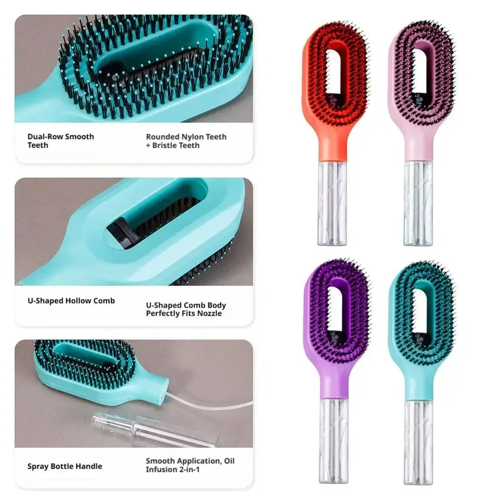 A set of colorful hair-smoothing spray combs with dual-row nylon and bristle teeth for portable hair styling