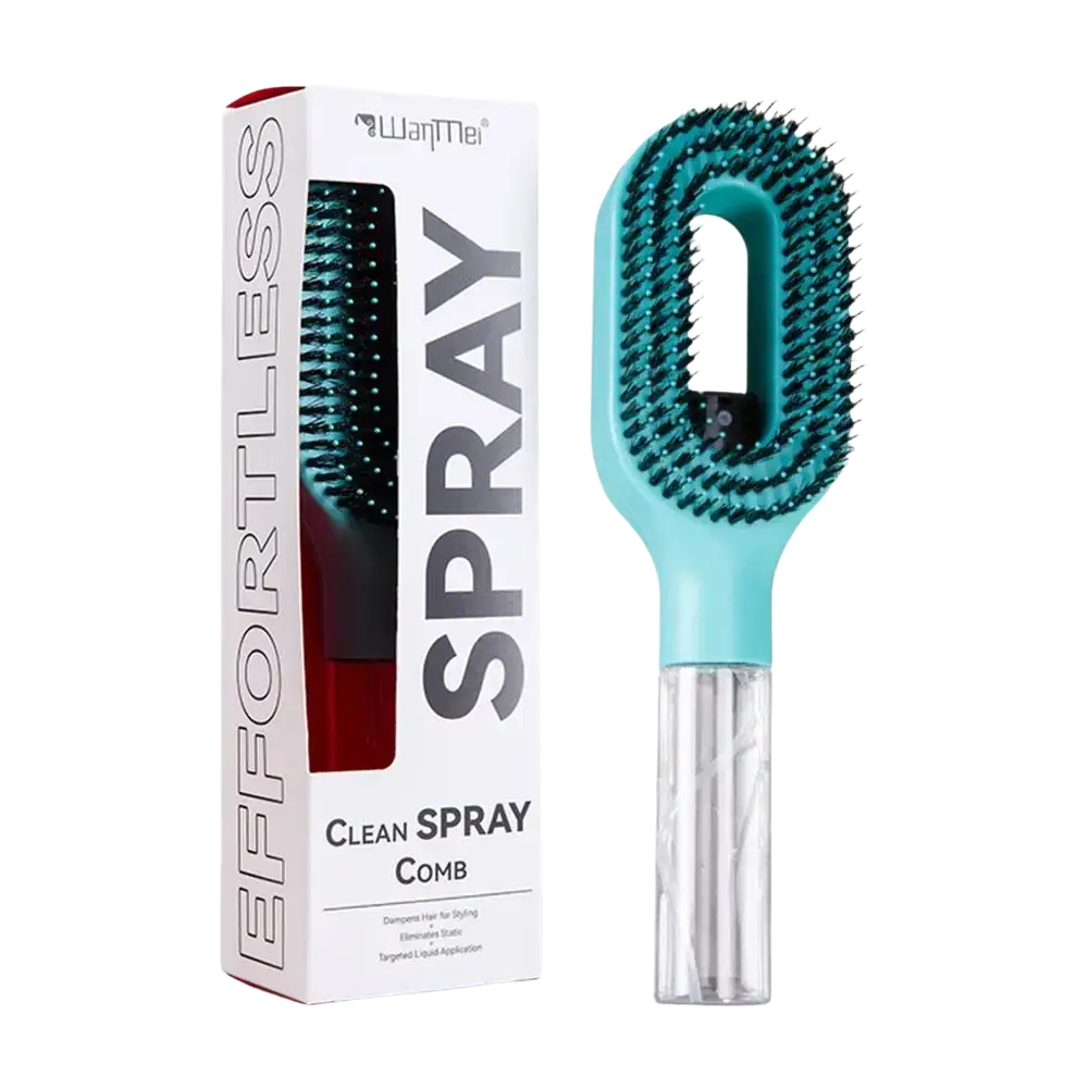 Teal and clear plastic hair-smoothing spray comb with black bristles for portable hair styling and easy use
