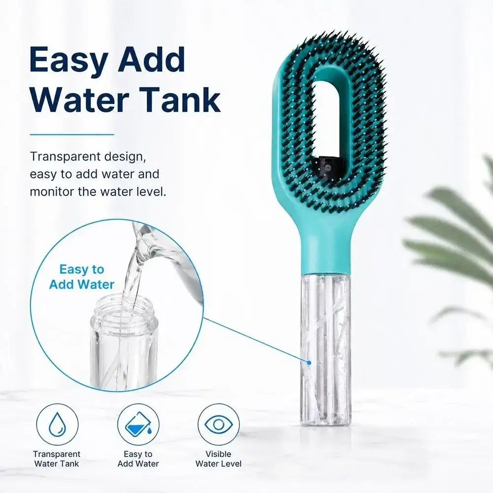 Teal and transparent water tank scrub brush bristles for hair-smoothing spray comb designed for portable hair styling