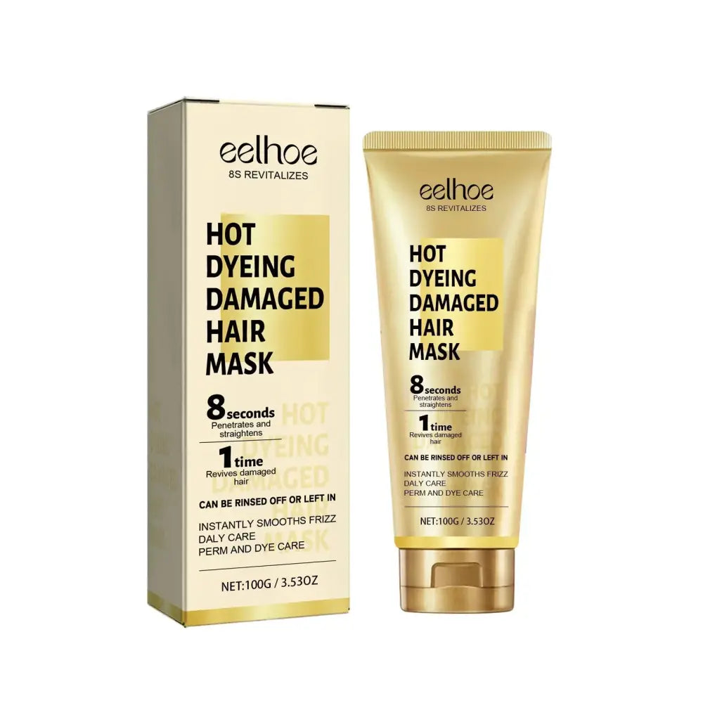 Gold-colored metallic tube and box of eelhoe repairing hair softening and smoothing treatment cream for damaged hair