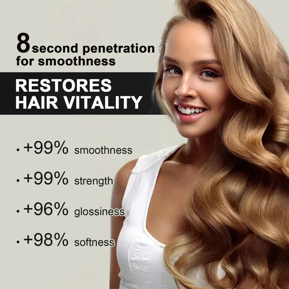 A woman with long golden-brown wavy hair wearing a white top featuring repairing hair softening and smoothing cream