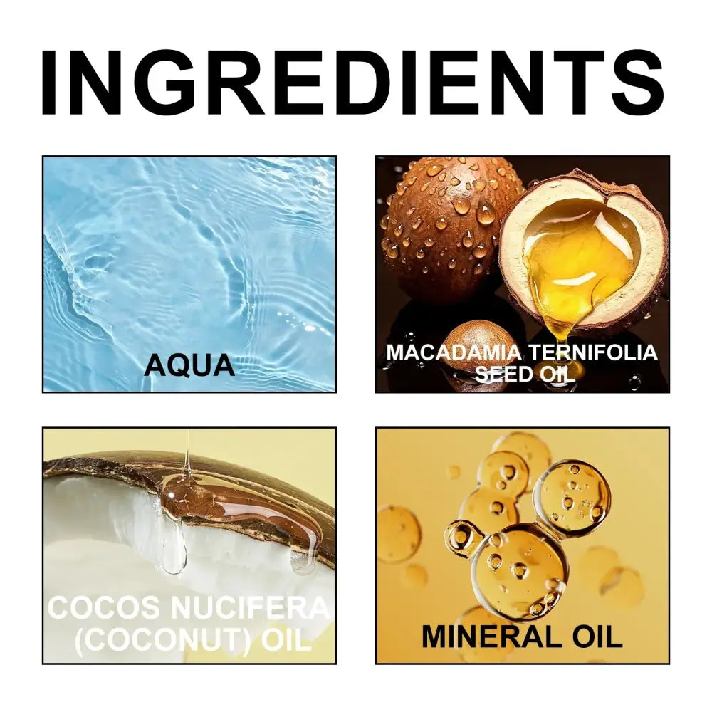 The back of a repairing hair softening and smoothing treatment cream showing aqua macadamia seed oil coconut oil and mineral oil ingredients