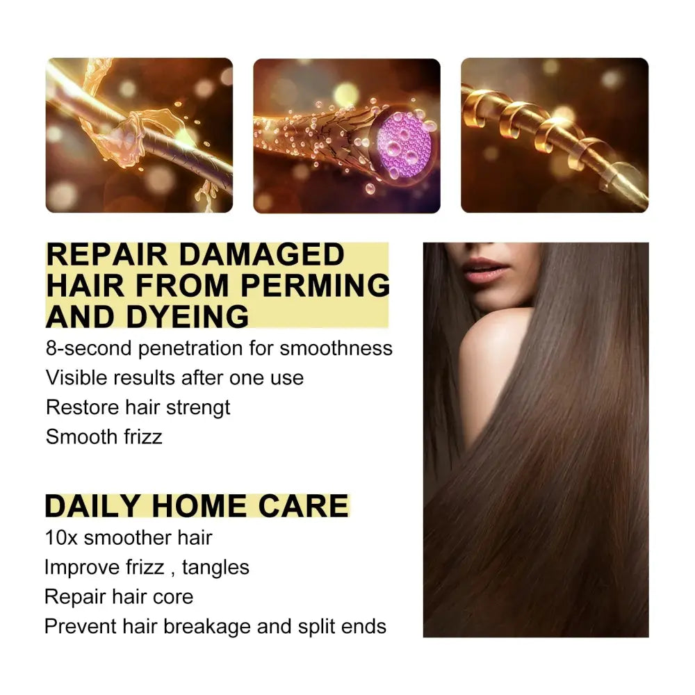 A sleek golden repairing hair softening and smoothing treatment cream with purple-infused microcapsules for damaged hair
