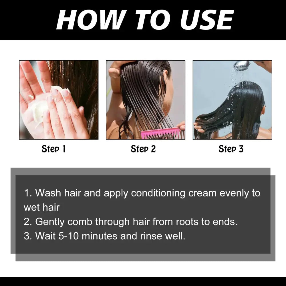 Conditioning cream for hair in a white tube with black text labeled repair hair softening and smoothing treatment cream