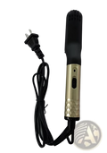 Black and gold hair straightener brush with textured grip handle and diamond-patterned metallic body for beard and hair styling