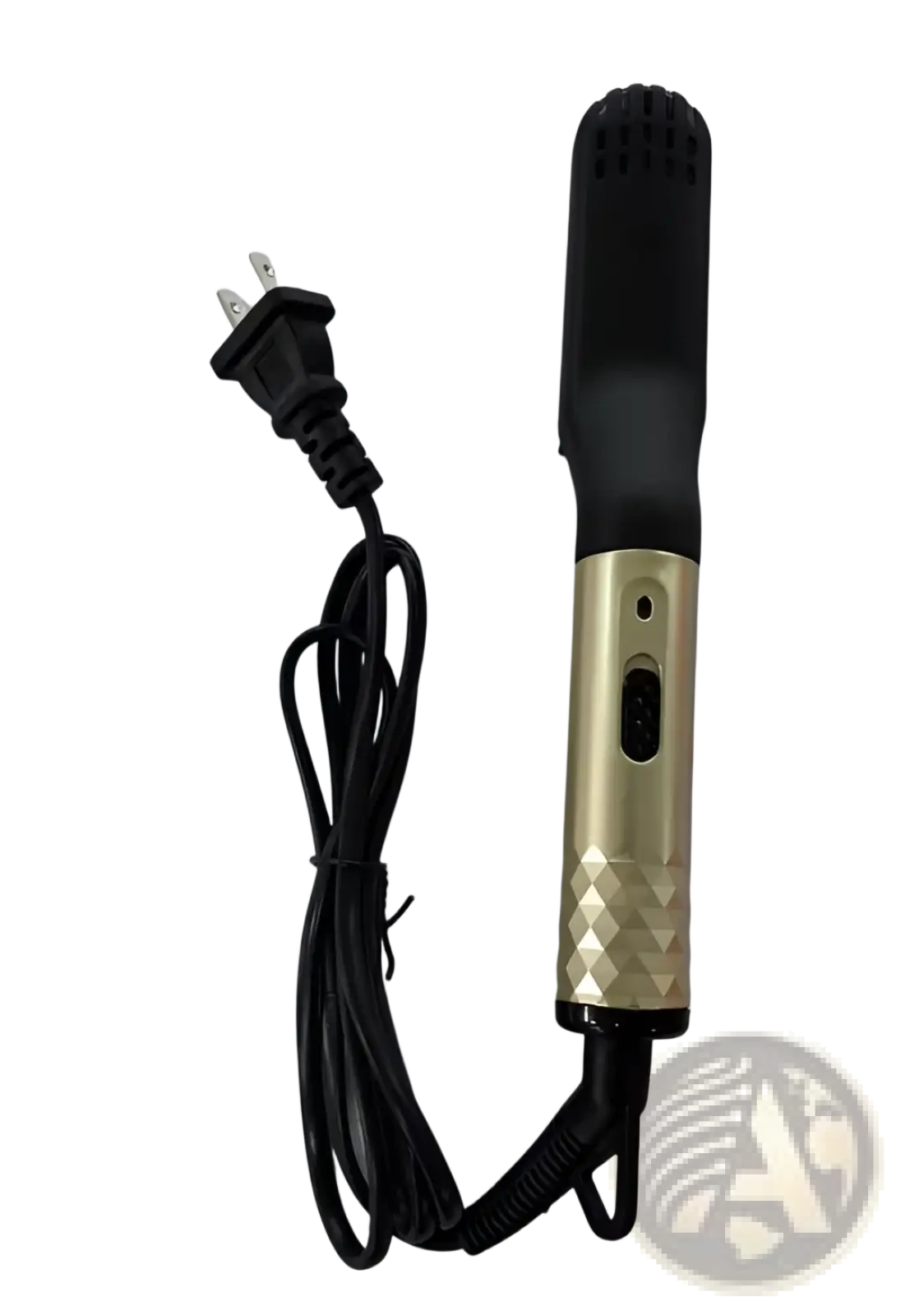 Black and gold hair straightener brush with textured grip handle and diamond-patterned metallic body for beard and hair styling