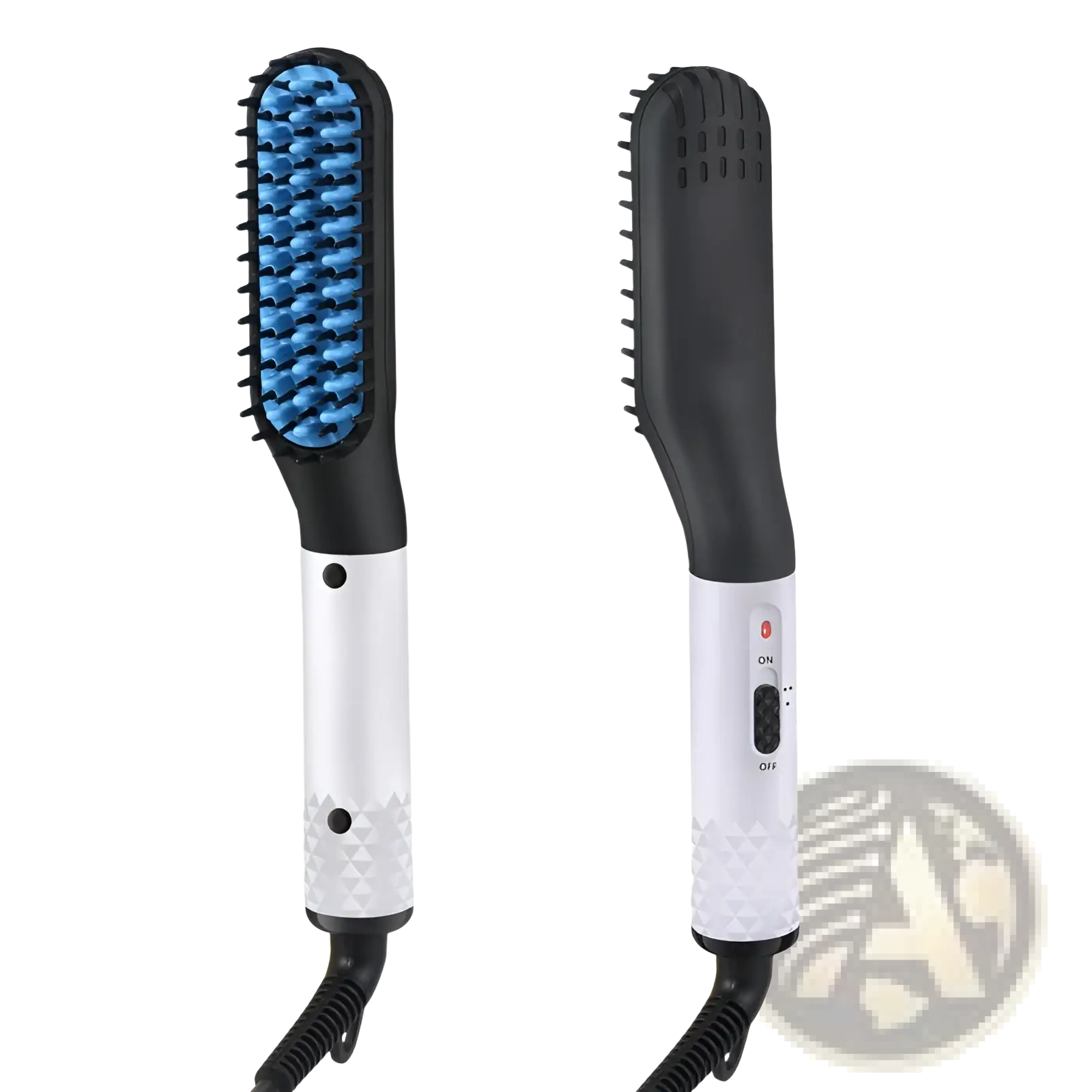 Black and white hair straightener brush with blue tipped bristles for men beard and hair styling