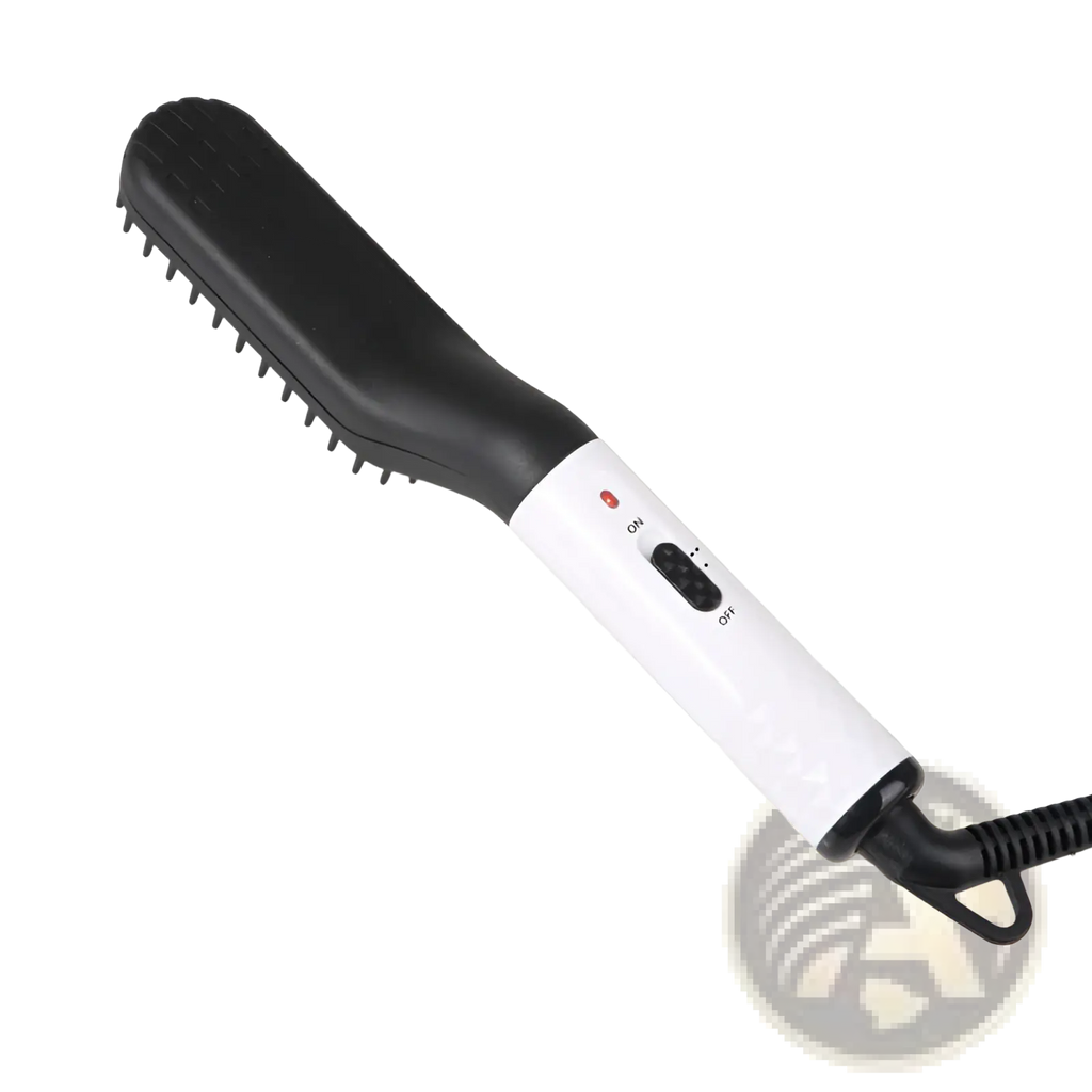 Black and white electric hair straightener brush with bristle head for men beard and hair styling use