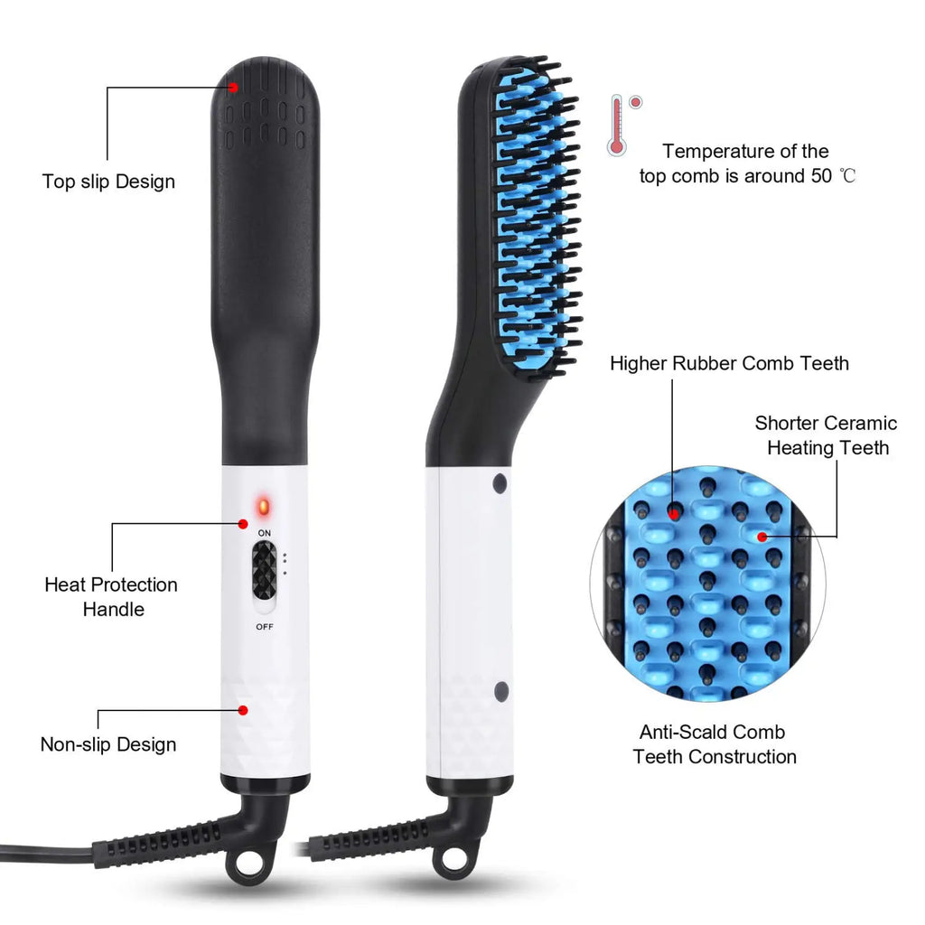 Black and white ceramic hair straightener brush with blue-tipped heating teeth for men beard and hair styling