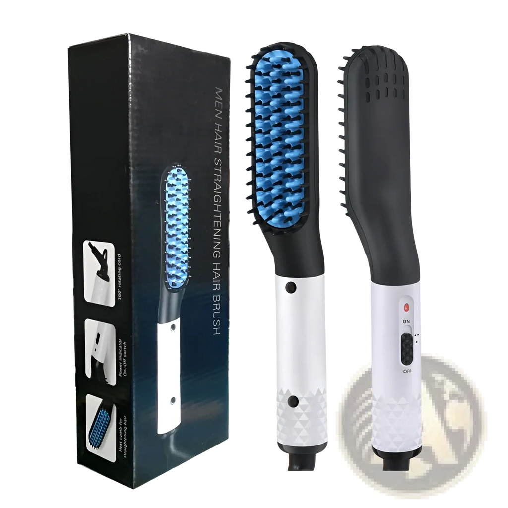 Black and white electric hair straightening brush with blue bristles for men beard and hair styling