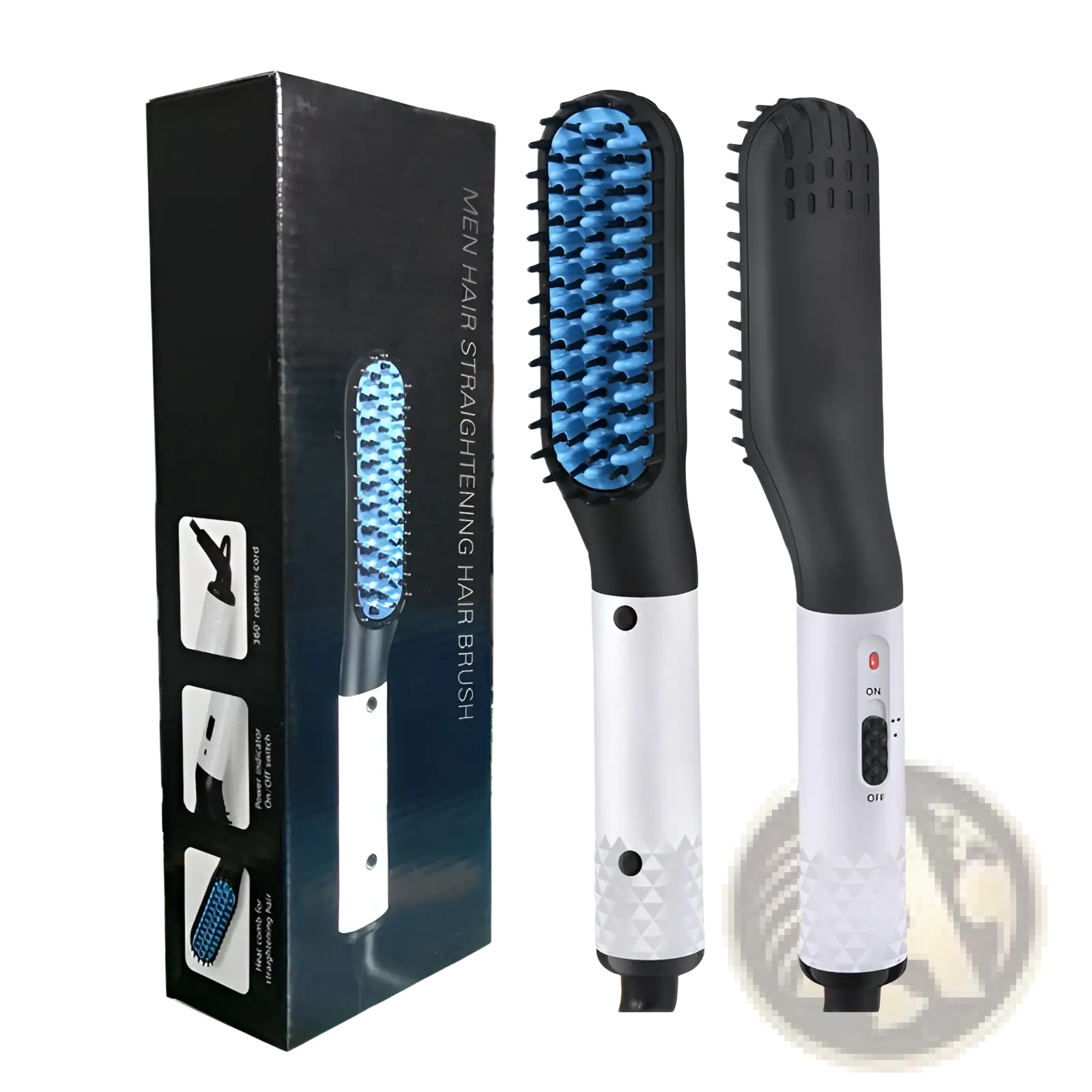Black and white electric hair straightening brush with blue bristles for men beard and hair styling