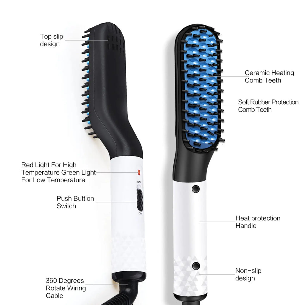 Black and white ceramic heating comb with blue-tinted teeth for men beard and hair styling hair straightener brush