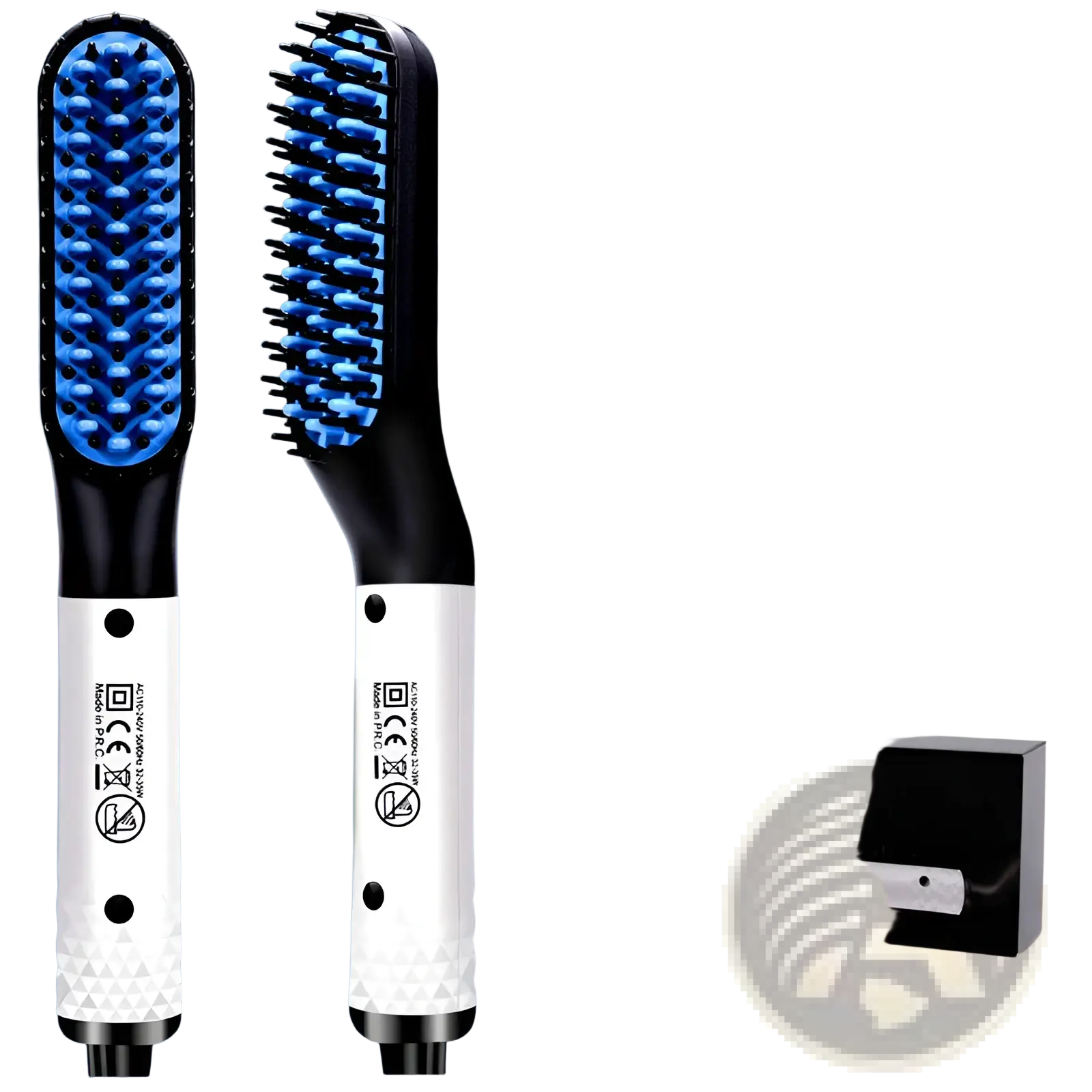 Blue and black heated beard brush with white textured grip for men hair straightener and beard styling